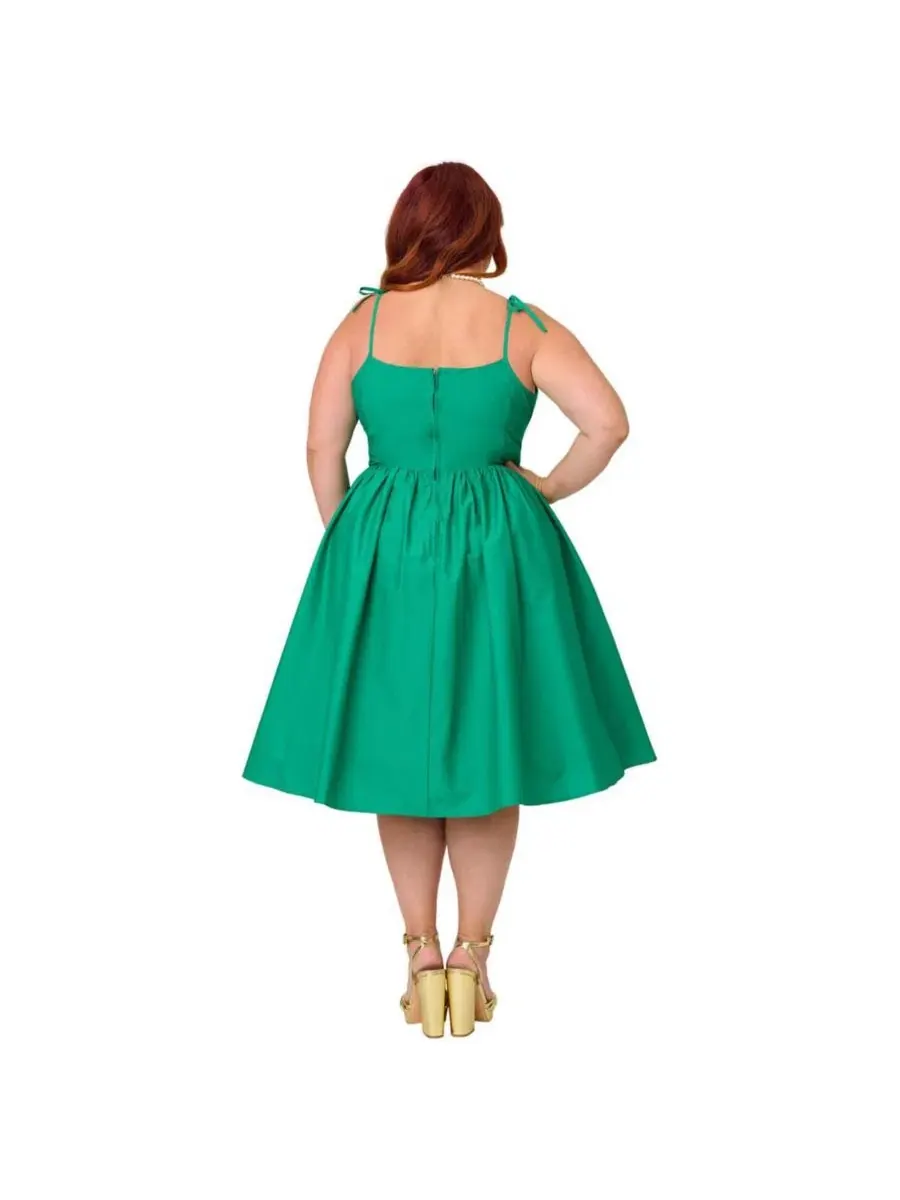 Платье-трапеция с открытыми плечами и завязками, модель 1950s Cotton Swing Dress Unique Vintage — изображение 2 из 5, зеленый