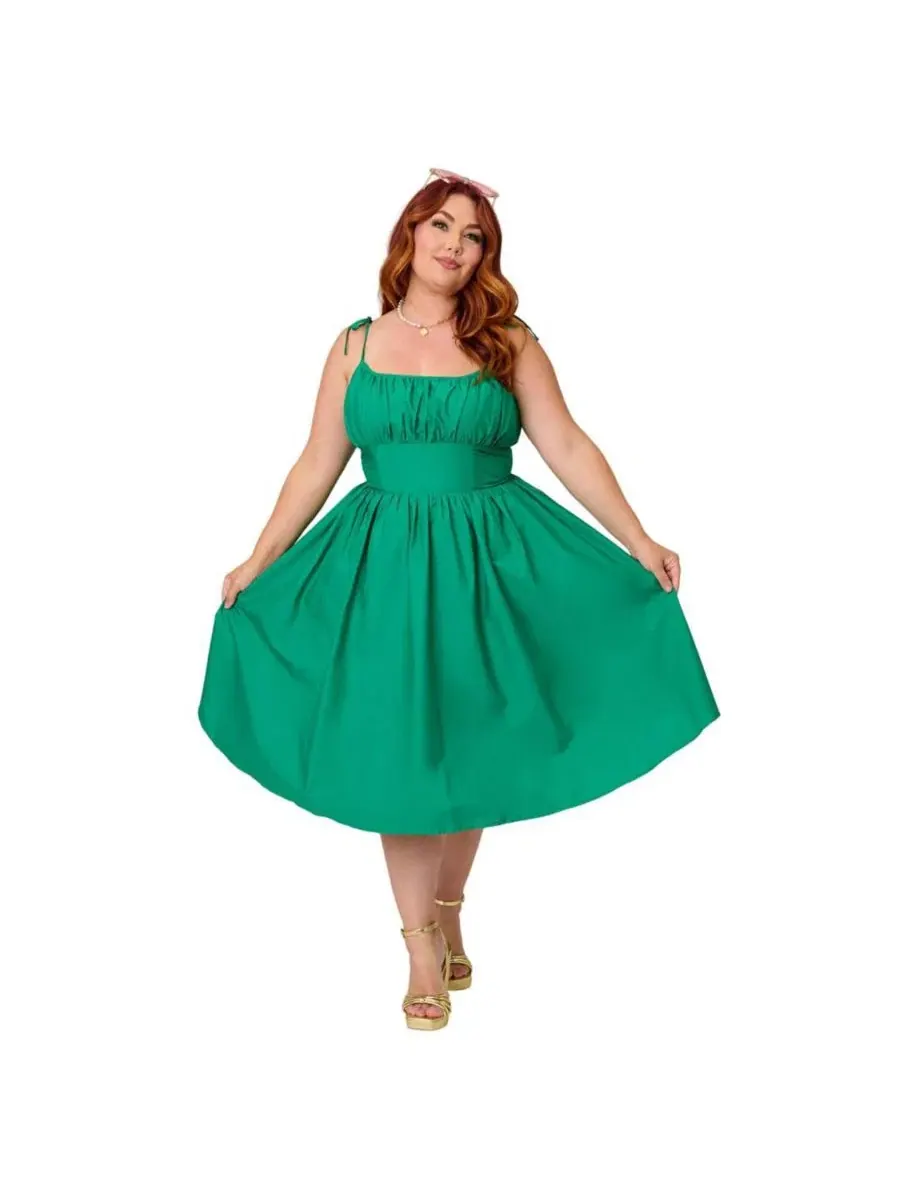 Платье-трапеция с открытыми плечами и завязками, модель 1950s Cotton Swing Dress Unique Vintage — изображение 4 из 5, зеленый
