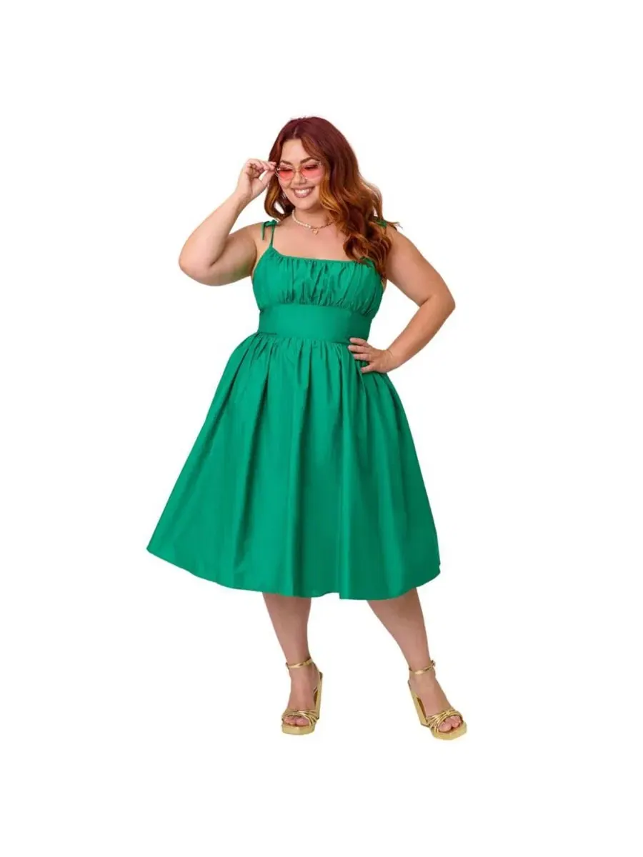 Платье-трапеция с открытыми плечами и завязками, модель 1950s Cotton Swing Dress Unique Vintage — изображение 5 из 5, зеленый