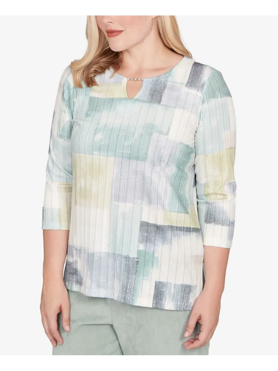 Вязаный топ Petite Stockbridge Soft Colorblock Rib Texture Alfred Dunner — изображение 2 из 5, мульти зеленый