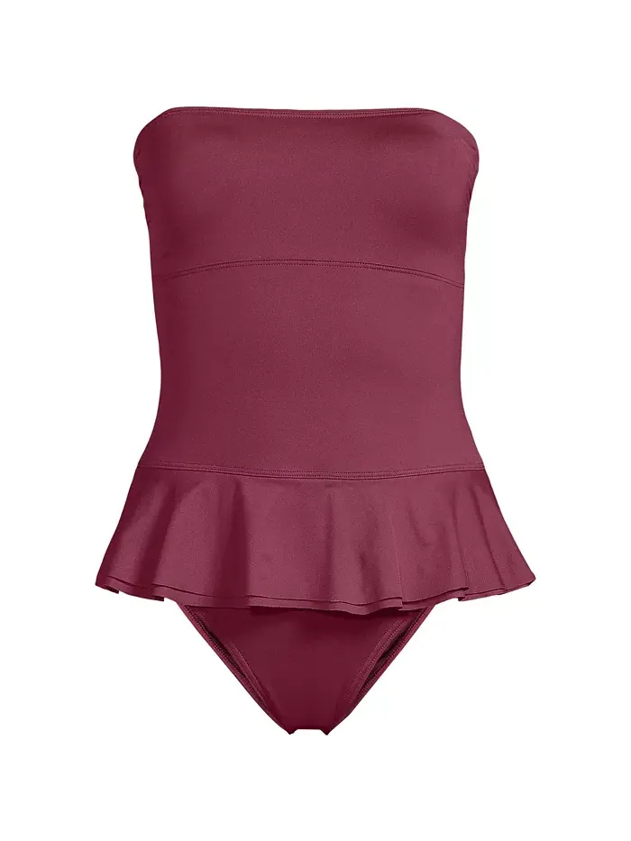 Женский купальник Sculpting Suit Ruffle Bandeau цельный с рюшами Lands' End — изображение 2 из 3, бордовый
