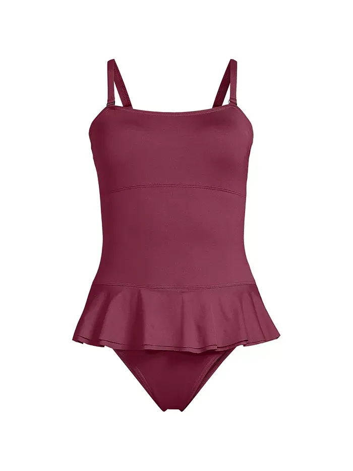 Женский купальник Sculpting Suit Ruffle Bandeau цельный с рюшами Lands' End — изображение 3 из 3, бордовый