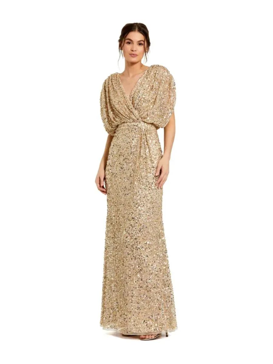 Платье-макси с V-образным вырезом и пайетками Petite Sequin Draped Sleeve V-Neck Gown Mac Duggal — изображение 1 из 3