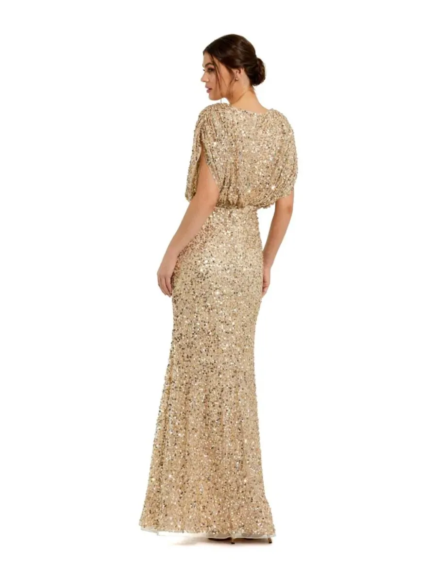 Платье-макси с V-образным вырезом и пайетками Petite Sequin Draped Sleeve V-Neck Gown Mac Duggal — изображение 2 из 3