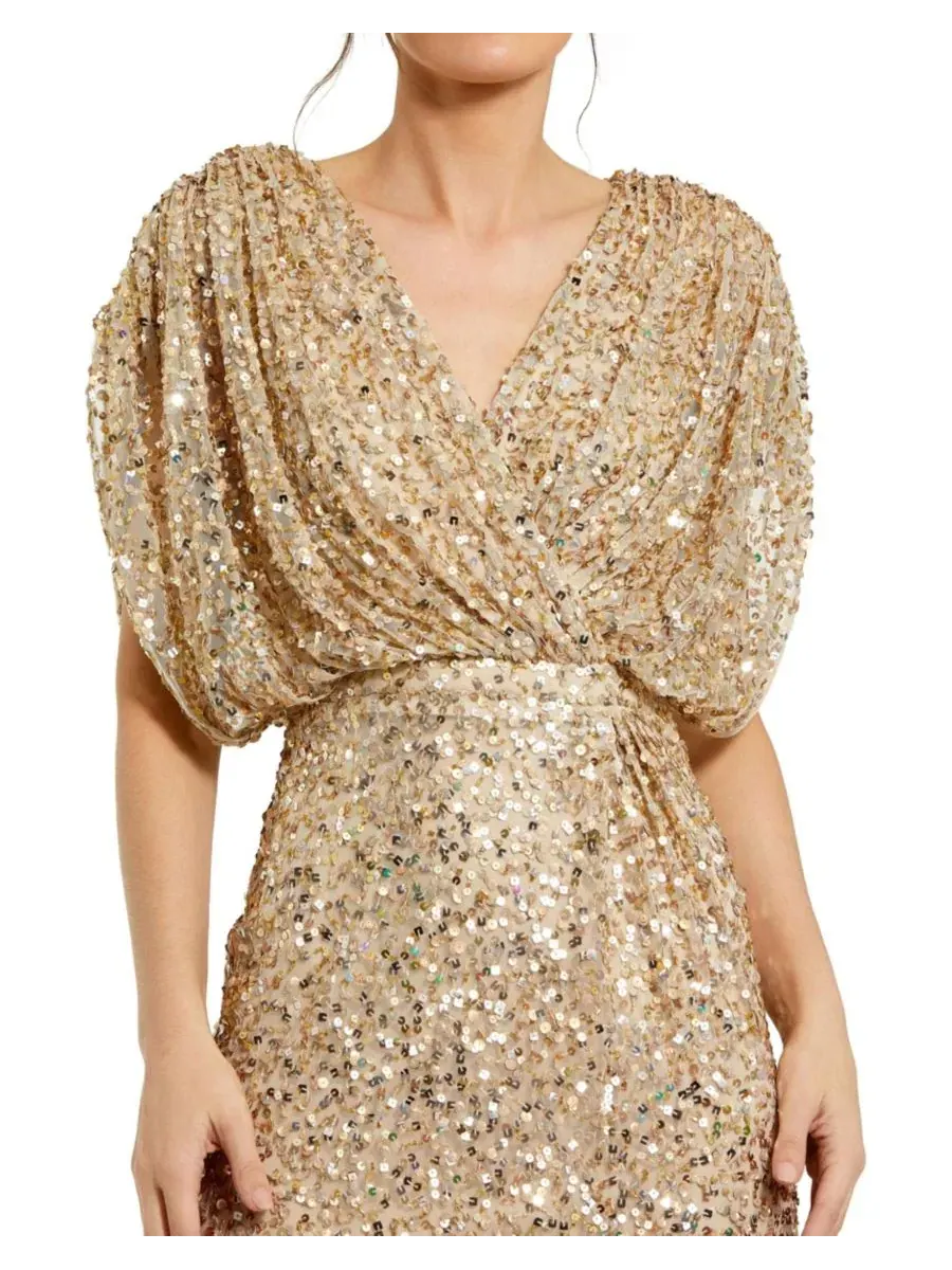 Платье-макси с V-образным вырезом и пайетками Petite Sequin Draped Sleeve V-Neck Gown Mac Duggal — изображение 3 из 3