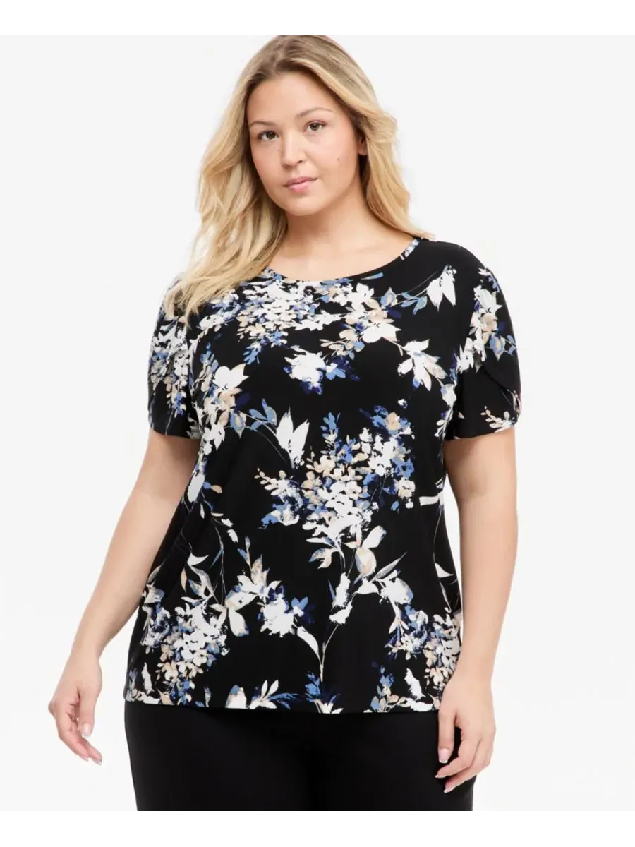 Футболка с цветочным принтом и рукавом-тюльпан Tulip Floral Anne Klein Essentials — изображение 1 из 4, черный мульти