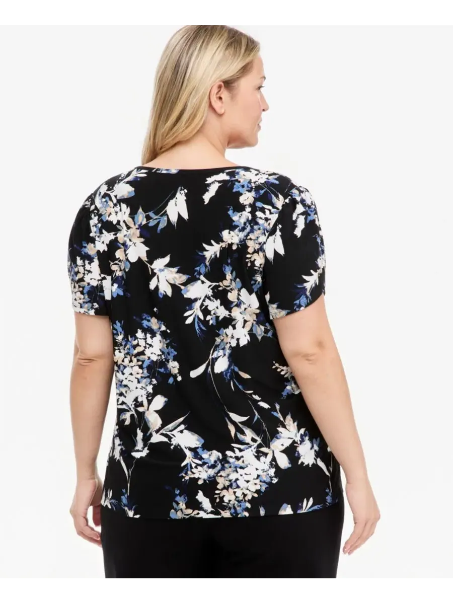Футболка с цветочным принтом и рукавом-тюльпан Tulip Floral Anne Klein Essentials — изображение 3 из 4, черный мульти