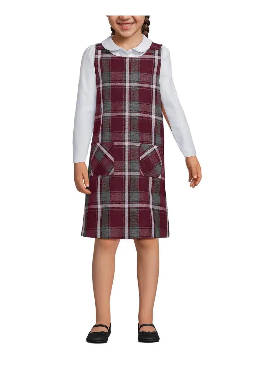Платье-джемпер с пуговицами на плечах и накладными карманами Big Girls Plaid Button Shoulder Patch