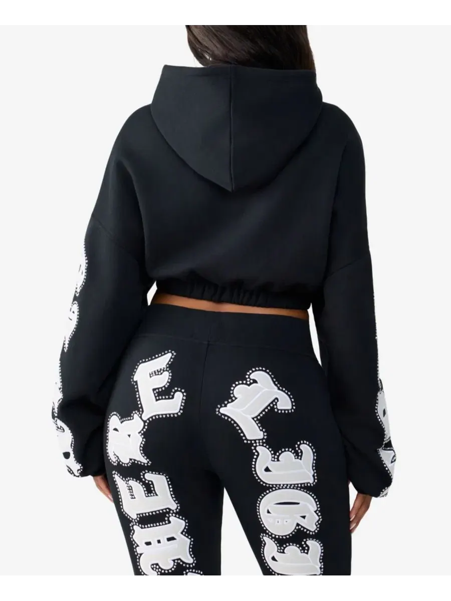Худи женское с кристаллами и патчами, свободный крой True Religion — изображение 3 из 3, черный