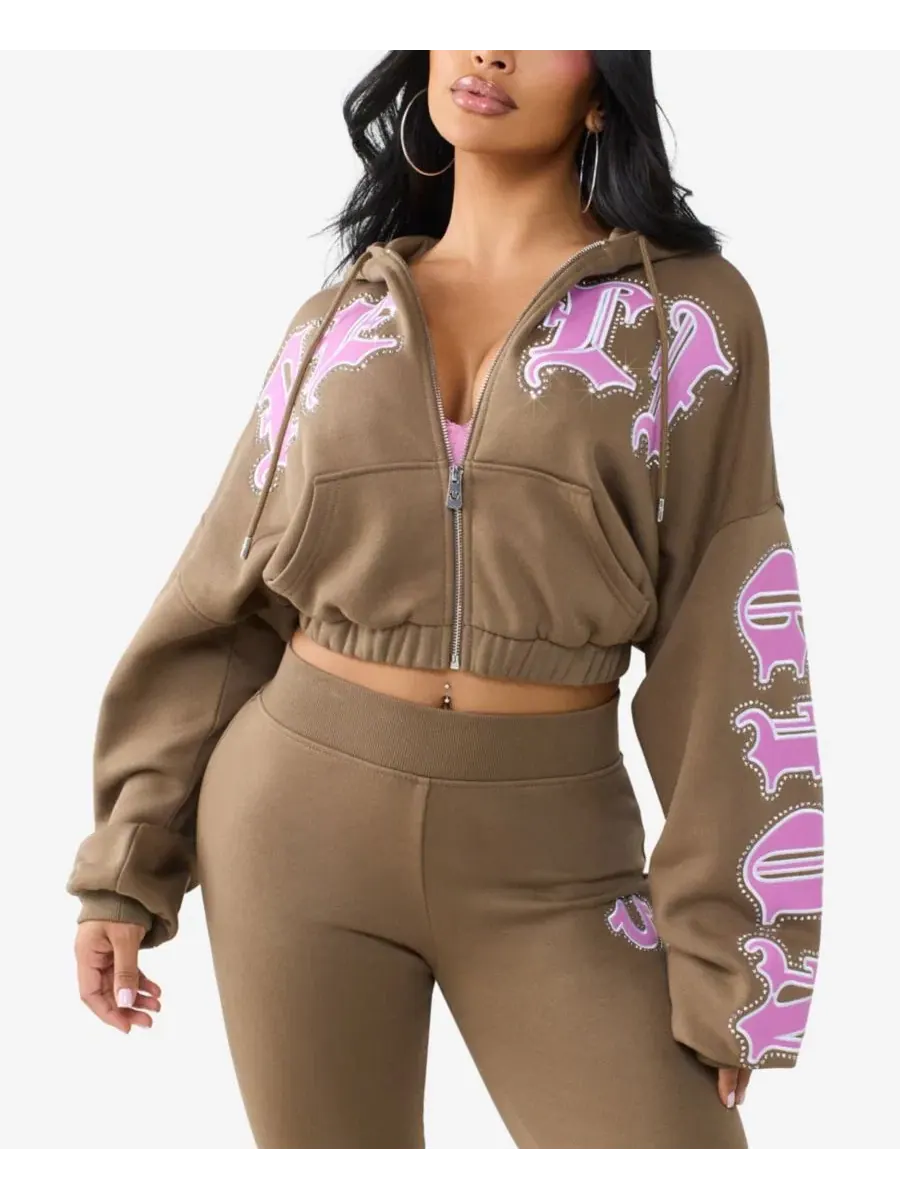 Худи с молнией и кристаллами, свободного кроя, модель Crystal Patched Relaxed Girlfriend Zip Hoodie — изображение 1 из 3
