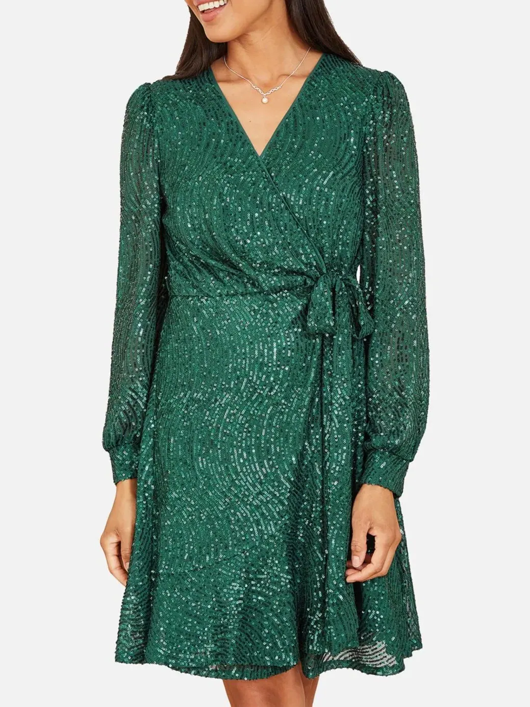 Платье с пайетками с длинным рукавом и запахом, модель Frill Wrap Yumi — изображение 7 из 7, зеленый