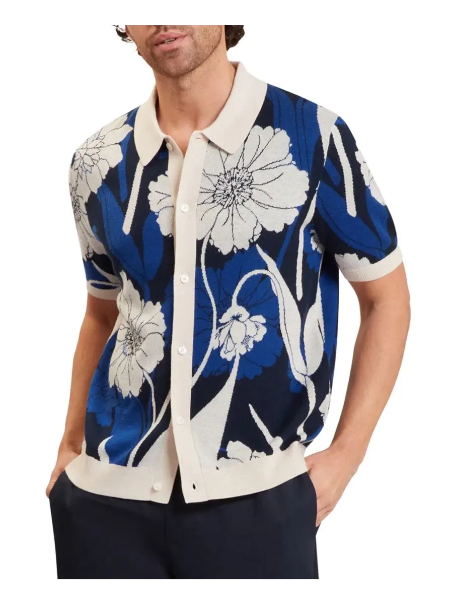 Мужская рубашка с коротким рукавом и цветочным жаккардовым узором Ted Baker — изображение 1 из 5, синий