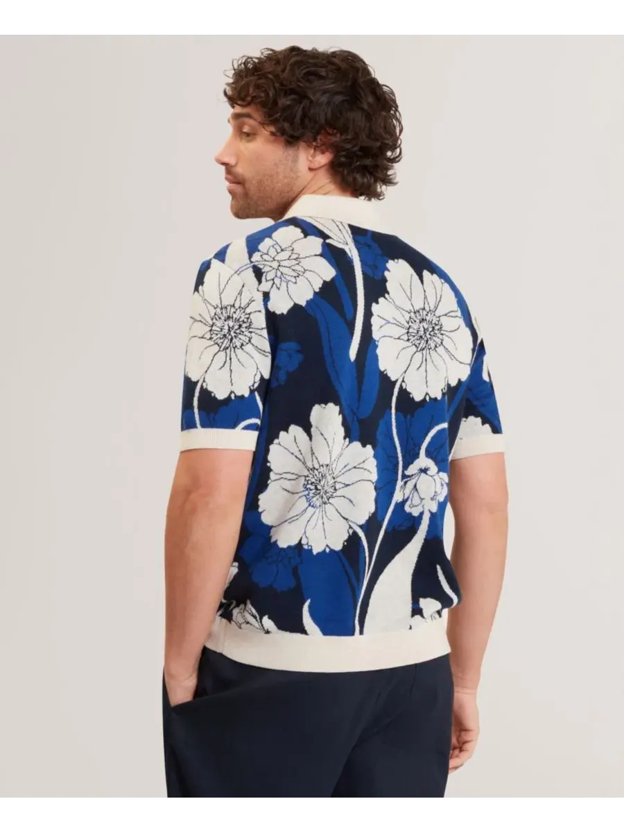 Мужская рубашка с коротким рукавом и цветочным жаккардовым узором Ted Baker — изображение 4 из 5, синий