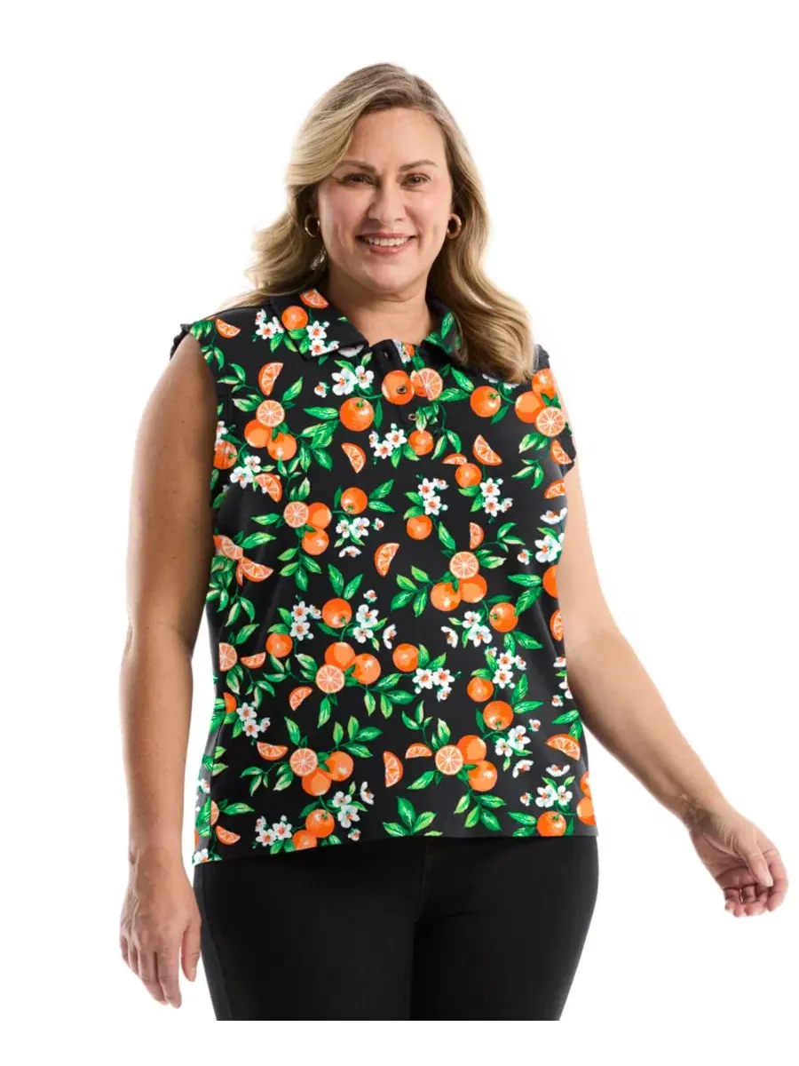 Женское поло без рукавов с рюшами Orange Print Ruffle Trim Rafaella — изображение 1 из 5, нектариновый