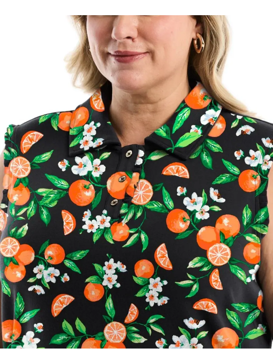 Женское поло без рукавов с рюшами Orange Print Ruffle Trim Rafaella — изображение 4 из 5, нектариновый