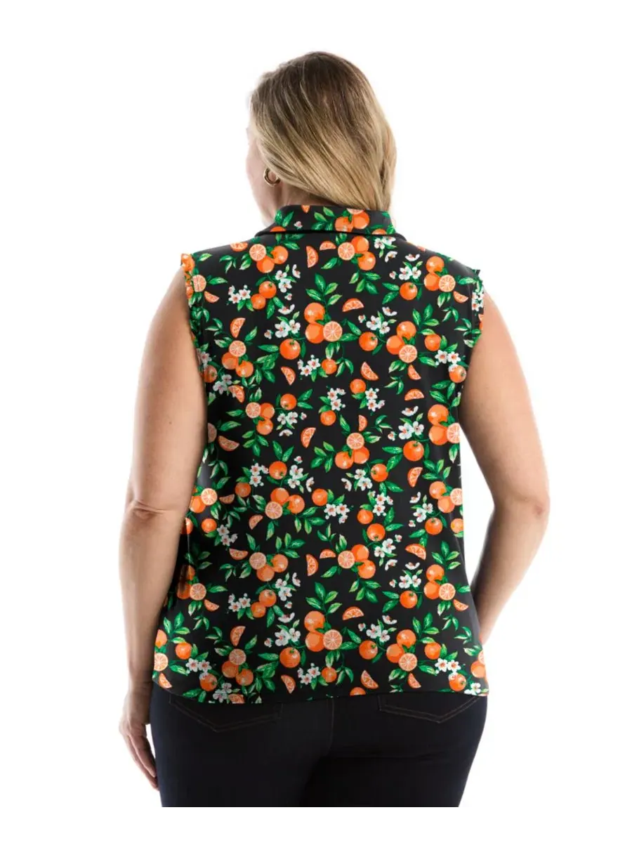 Женское поло без рукавов с рюшами Orange Print Ruffle Trim Rafaella — изображение 5 из 5, нектариновый