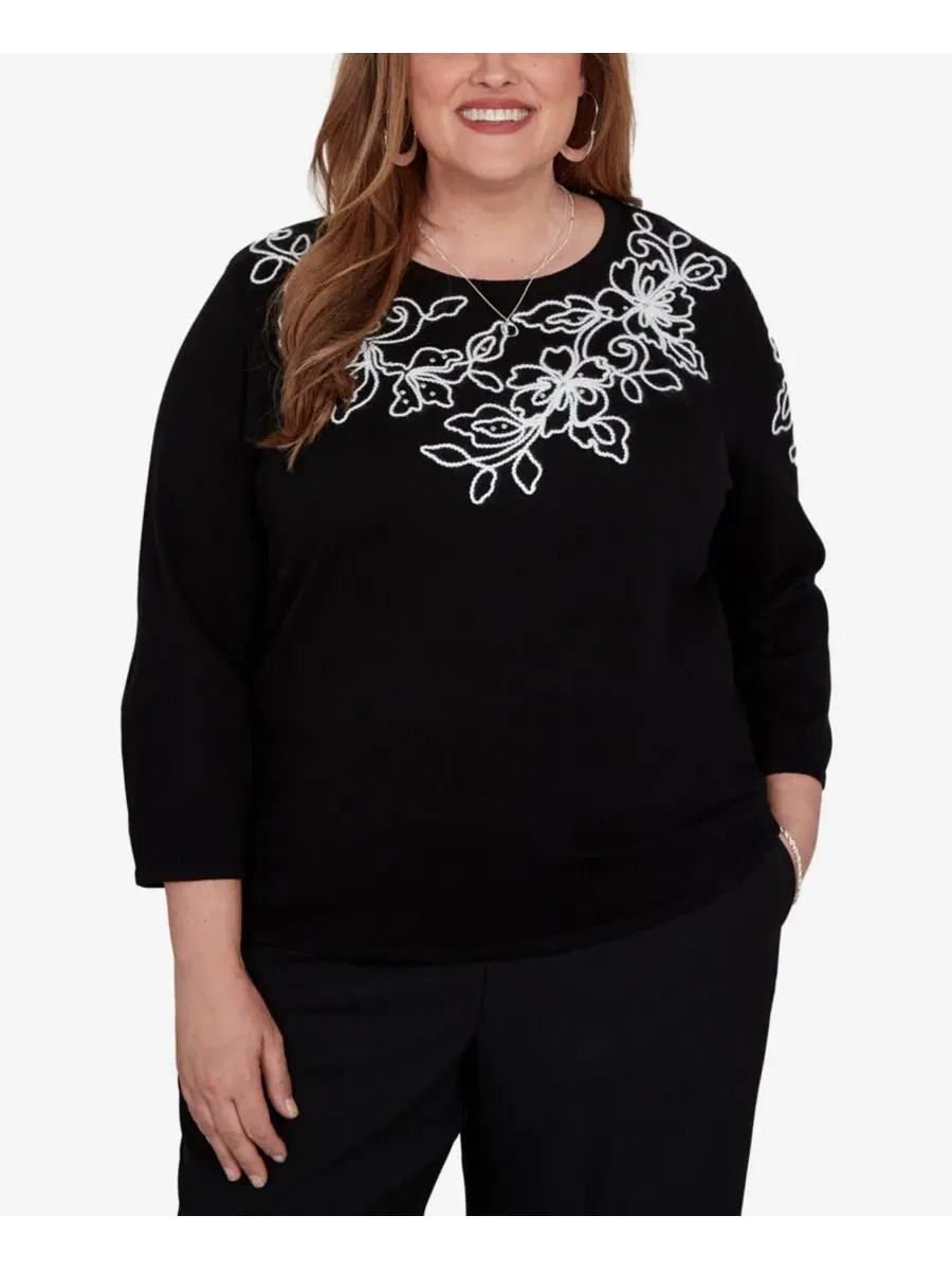Свитер с жаккардовым узором и отделкой сутажом, модель Floral Scroll Soutache Alfred Dunner — изображение 1 из 5, черный