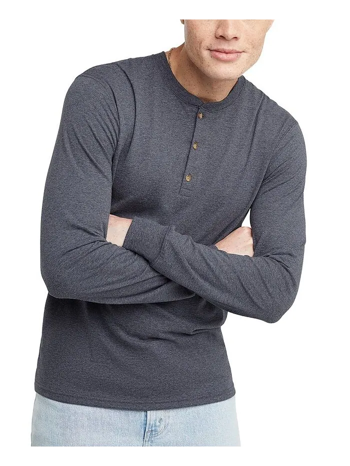 Мужская футболка Originals Tri-Blend с длинными рукавами на пуговицах Hanes — изображение 1 из 3, темно-синий