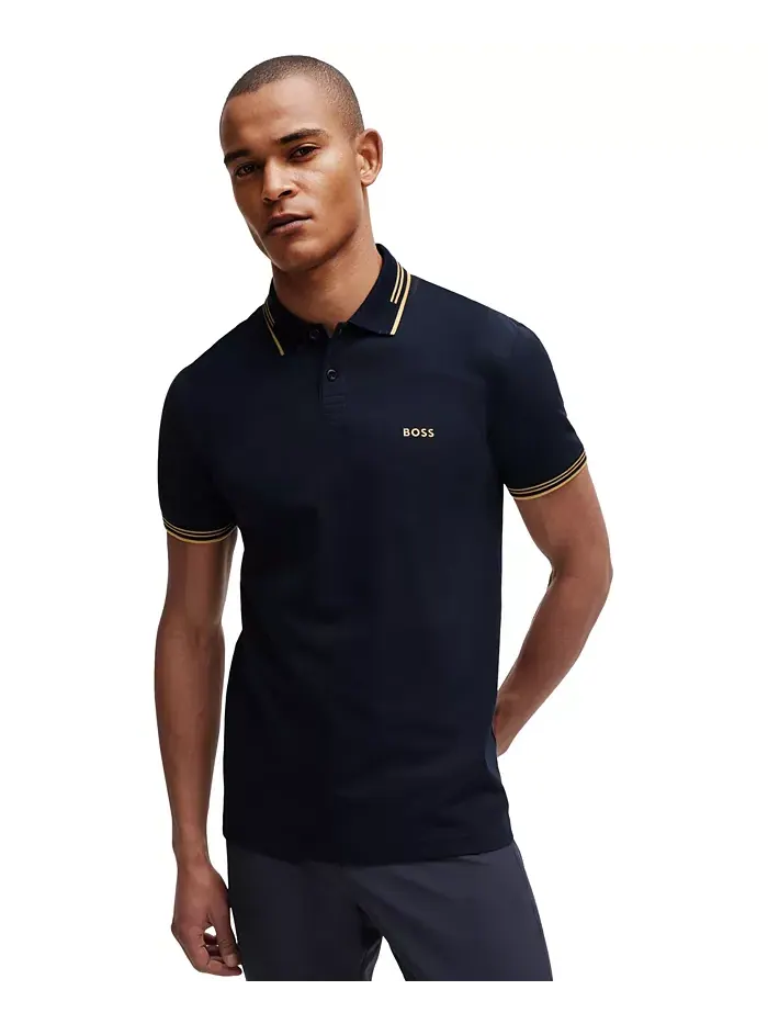 Мужская облегающая поло из хлопка с добавлением эластана Hugo Boss — изображение 1 из 4, темный синий желтый