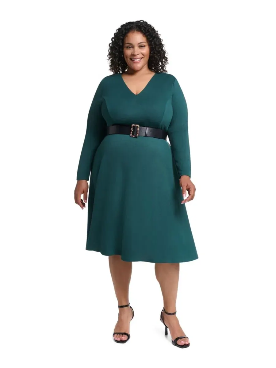 Платье миди с V-образным вырезом и длинным рукавом с поясом, модель Fit & Flare DKNY