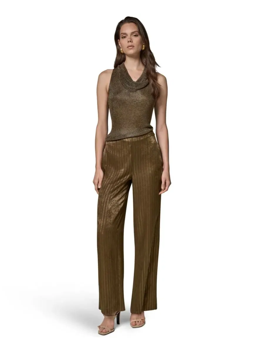 Брюки женские широкие из сатина в полоску с боковой молнией Donna Karan New York — изображение 2 из 6, оливковый/золотистый