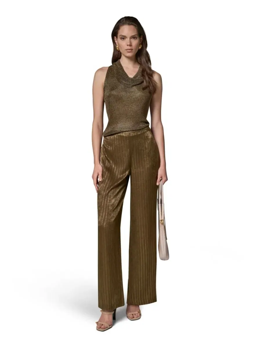 Брюки женские широкие из сатина в полоску с боковой молнией Donna Karan New York — изображение 6 из 6, оливковый/золотистый