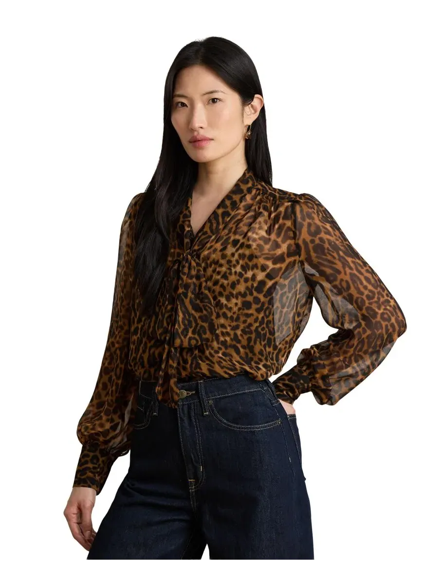 Блуза с галстуком из шифона с принтом Ocelot Lauren Ralph Lauren