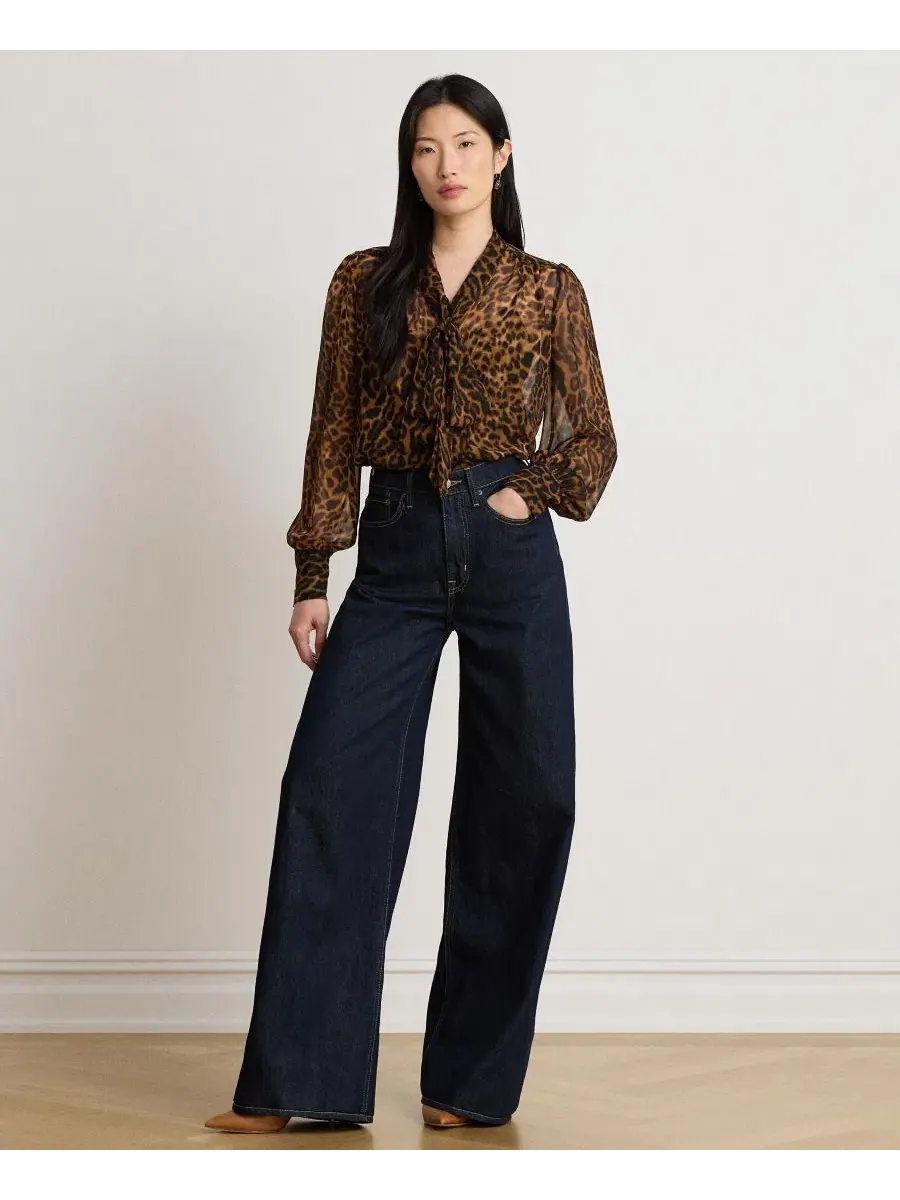 Блуза с галстуком из шифона с принтом Ocelot Lauren Ralph Lauren — изображение 2 из 8, бежевый мульти