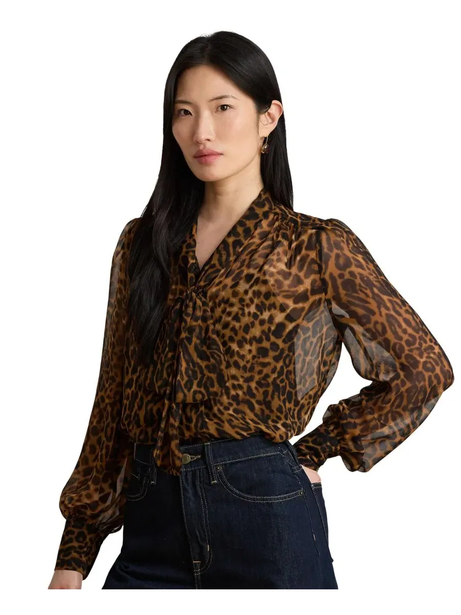 Блуза с галстуком из шифона с принтом Ocelot Lauren Ralph Lauren — изображение 3 из 8, бежевый мульти