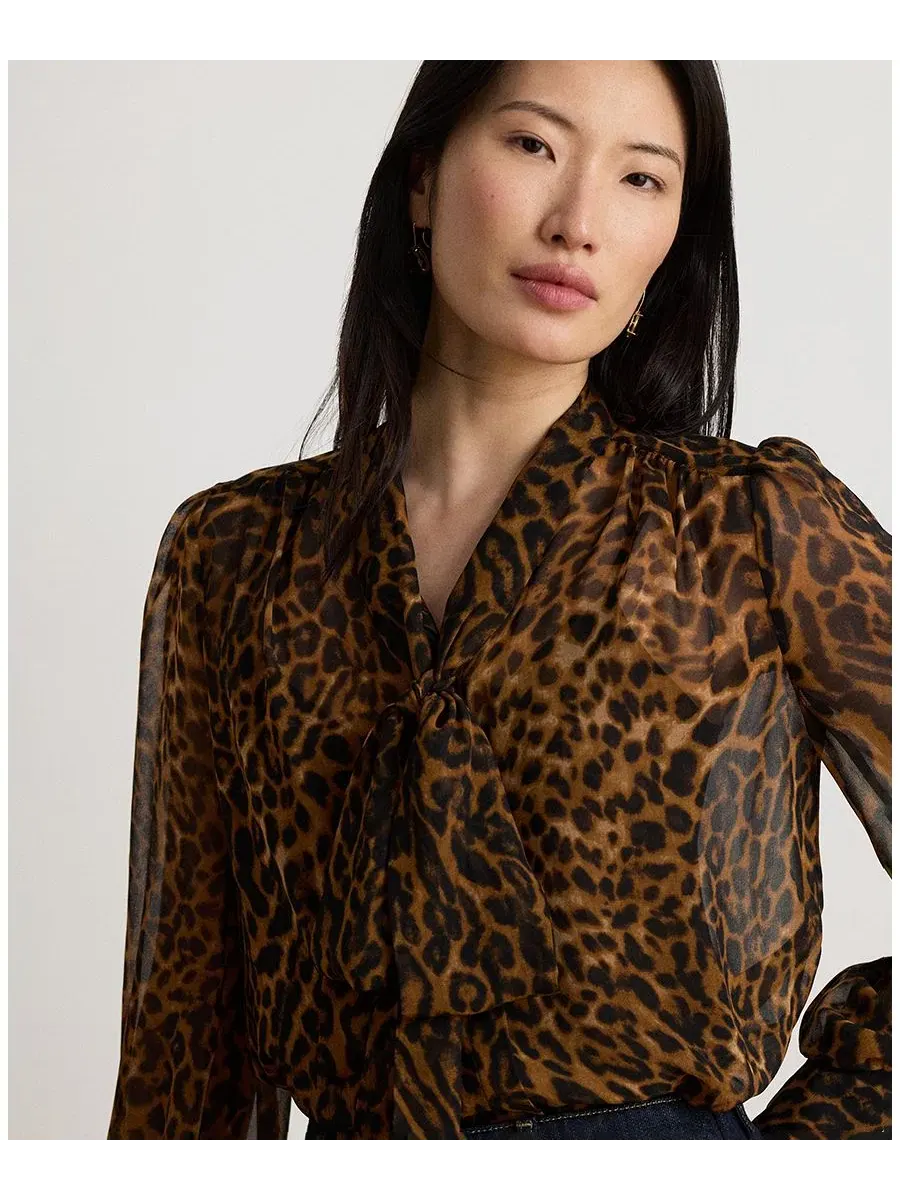 Блуза с галстуком из шифона с принтом Ocelot Lauren Ralph Lauren — изображение 4 из 8, бежевый мульти