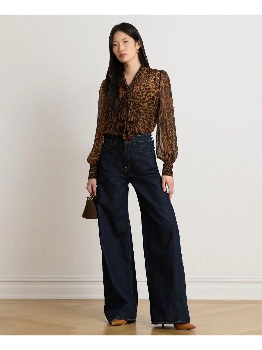 Блуза с галстуком из шифона с принтом Ocelot Lauren Ralph Lauren — изображение 6 из 8, бежевый мульти
