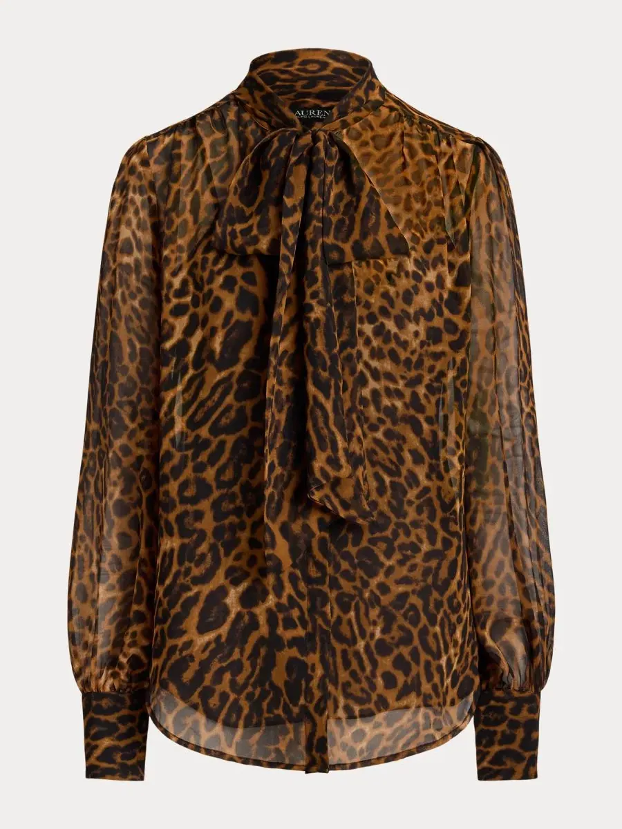 Блуза с галстуком из шифона с принтом Ocelot Lauren Ralph Lauren — изображение 8 из 8, бежевый мульти