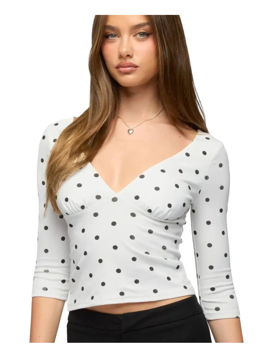 Топ с V-образным вырезом с принтом в горошек Katey V Neck Polka Dot Top Edikted — изображение 1 из 5, белый--черный