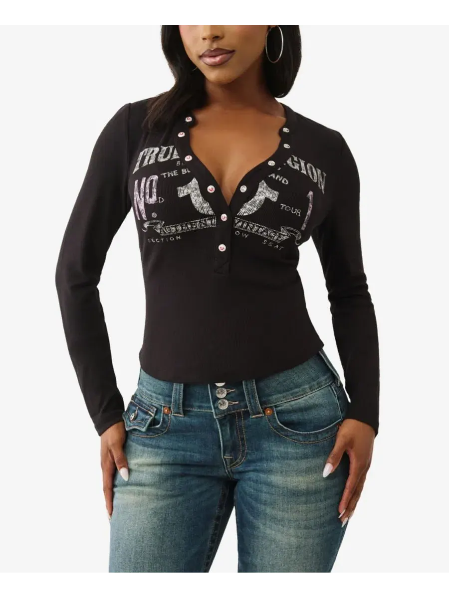 Женская футболка-поло с длинным рукавом и принтом True Religion — изображение 1 из 3, черный