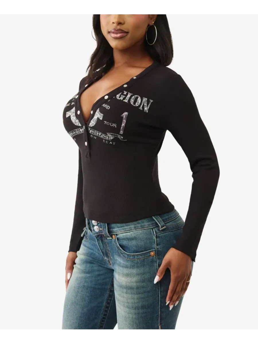 Женская футболка-поло с длинным рукавом и принтом True Religion — изображение 2 из 3, черный