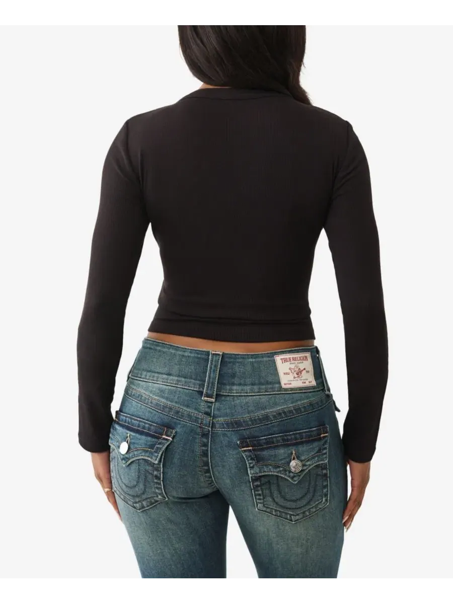 Женская футболка-поло с длинным рукавом и принтом True Religion — изображение 3 из 3, черный