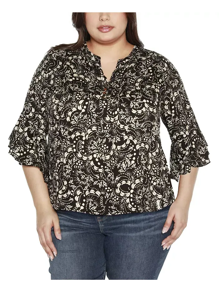 Топ Black Label Plus Size с принтом и оборками на рукавах Belldini — изображение 1 из 4, черный