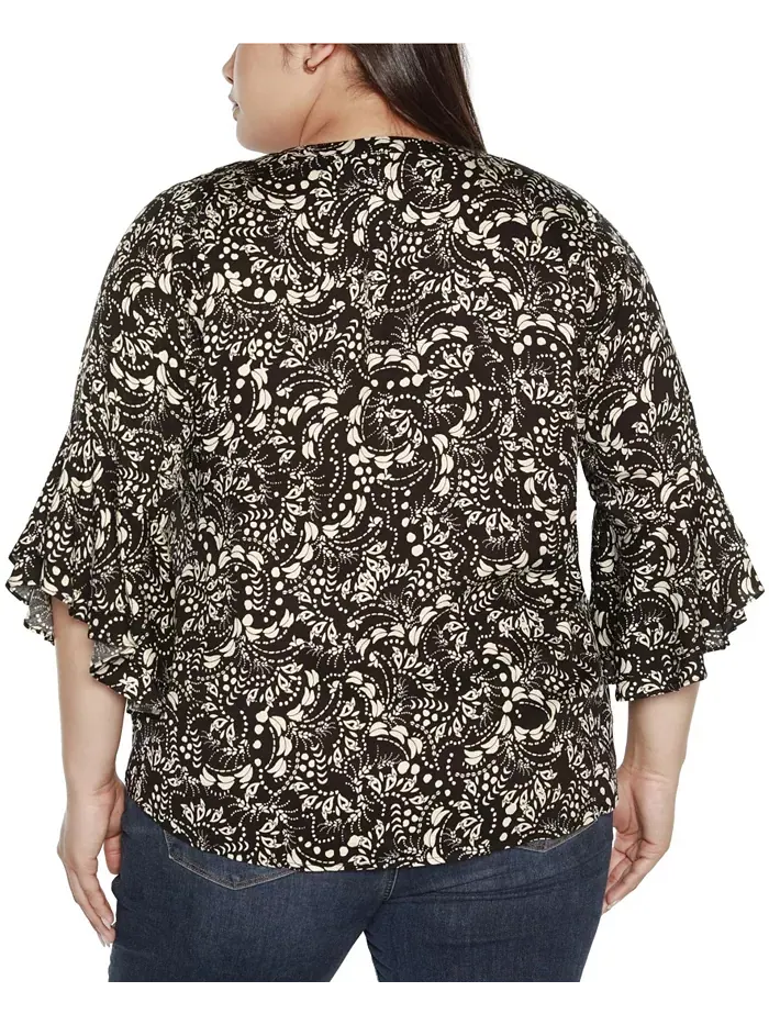 Топ Black Label Plus Size с принтом и оборками на рукавах Belldini — изображение 2 из 4, черный