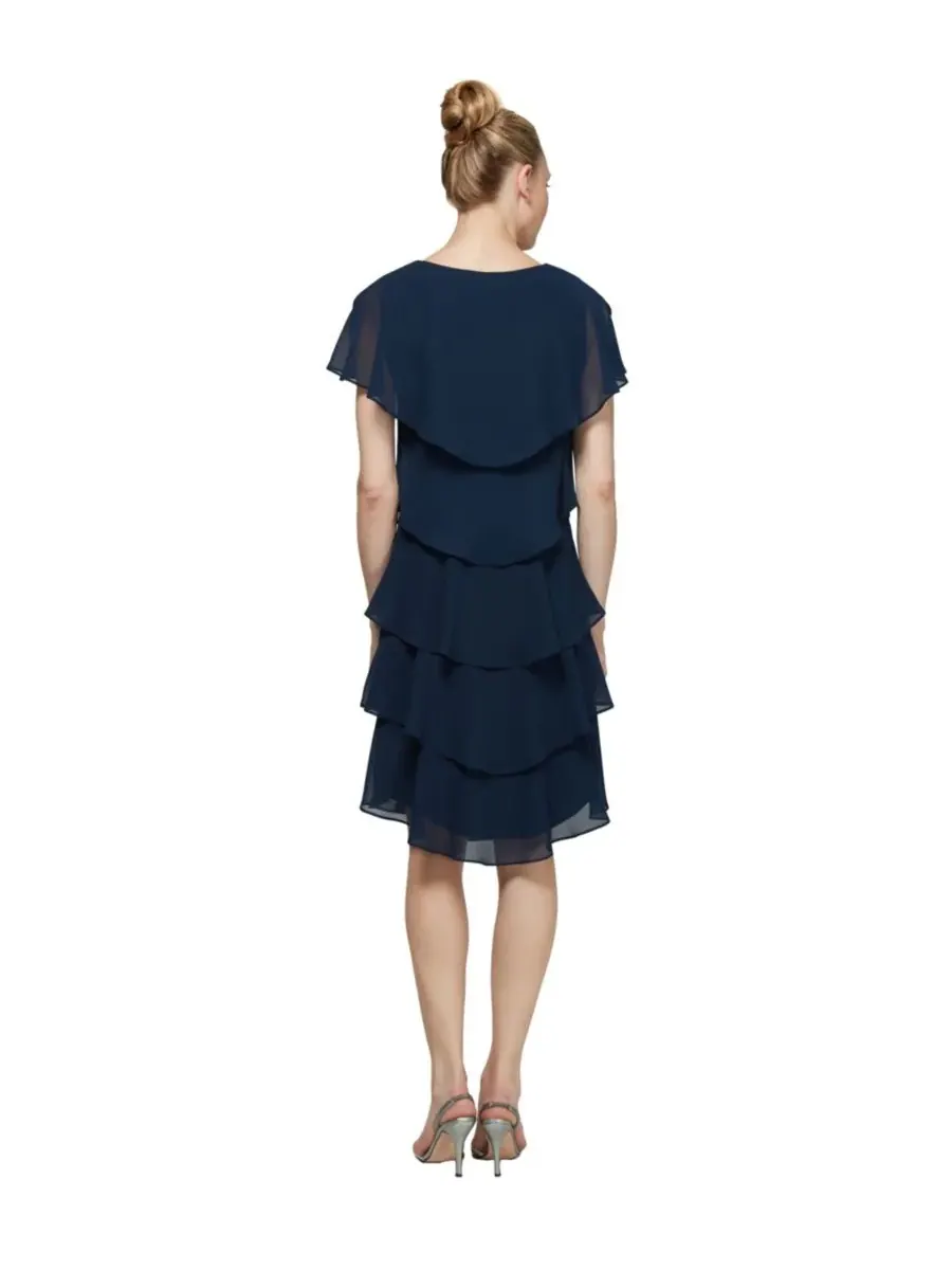 Небольшое многоярусное платье-накидка, украшенное стразами SL Fashions — изображение 3 из 3, темно-синий