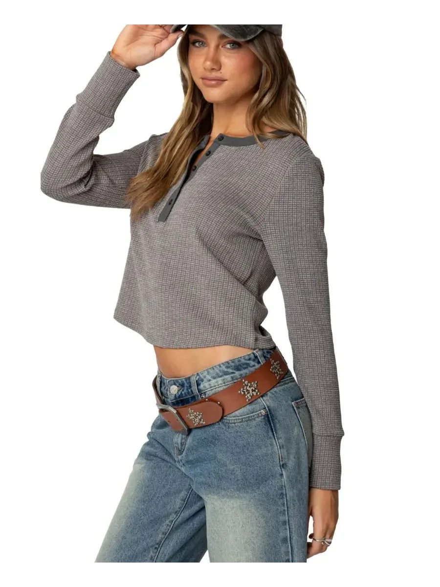 Женская футболка-поло Ruth Henley Waffle Top Edikted — изображение 3 из 5, серый