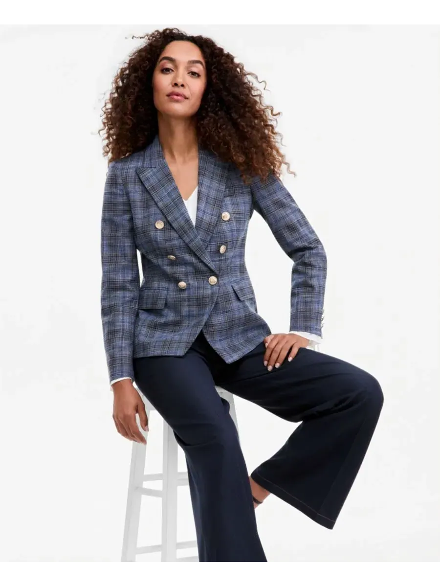 Блейзер с двубортным кроем и принтом в клетку Petite Plaid Double-Breasted Tahari ASL — изображение 2 из 4, индиго