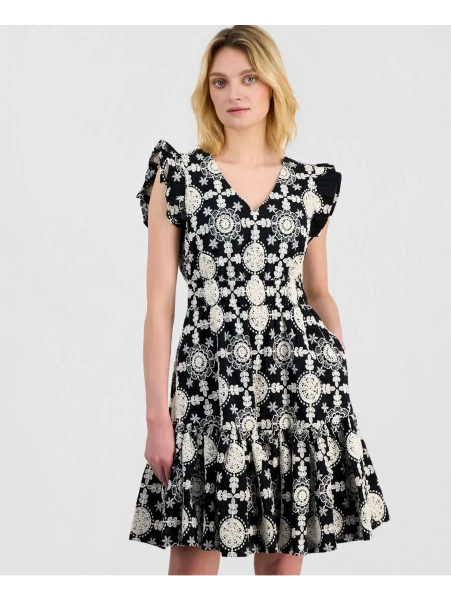 Платье с V-образным вырезом и рукавами-воланами Petite V-Neck Ruffle-Sleeve Embroidered Short Dress — изображение 2 из 5