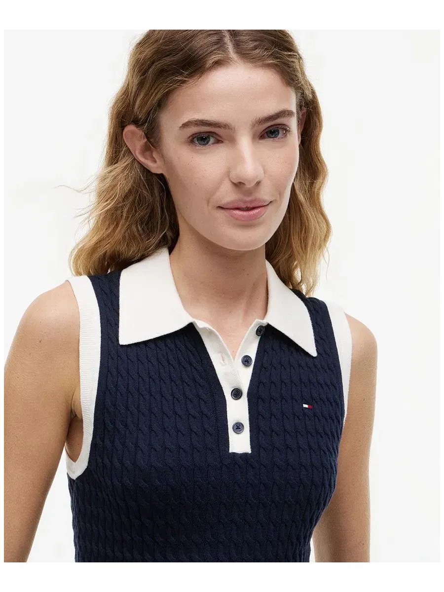 Женский свитер-поло без рукавов с воротником и узором Cable Knit Tommy Hilfiger — изображение 3 из 4, темный