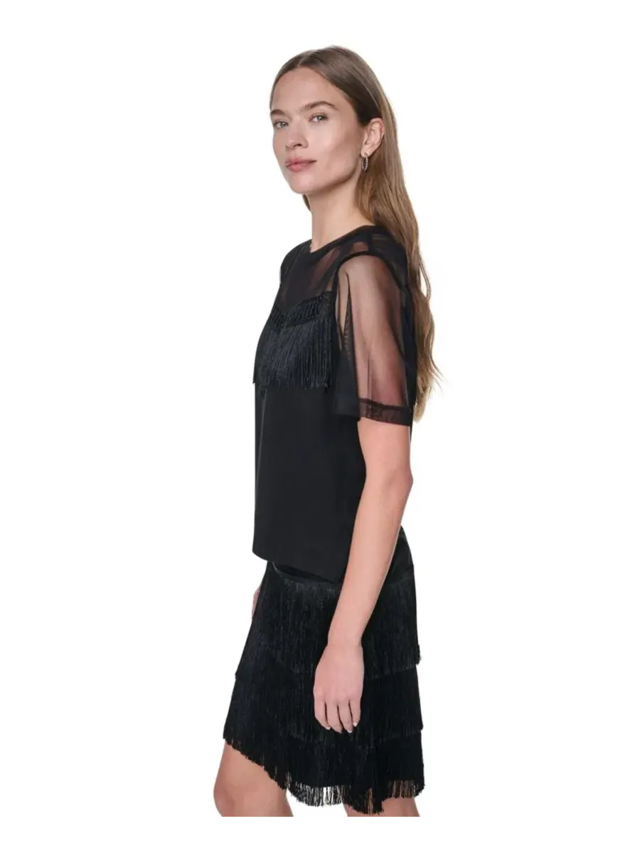 Топ с бахромой из сетки DKNY — изображение 2 из 4, черный