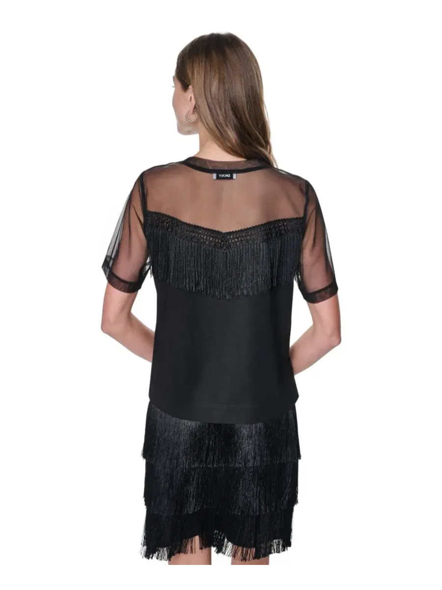 Топ с бахромой из сетки DKNY — изображение 3 из 4, черный
