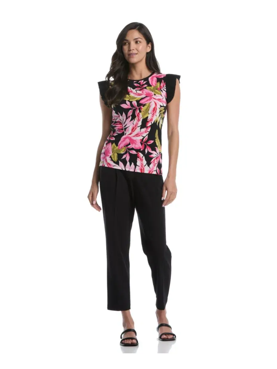 Топ с тропическим принтом и рукавом-фонарик Petite Tropical Print Ruffle Cap-Sleeve Top Rafaella — изображение 2 из 5, черный