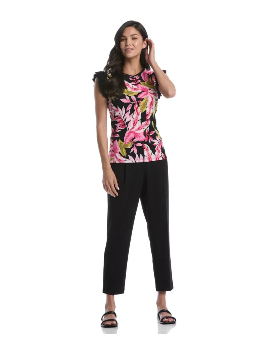 Топ с тропическим принтом и рукавом-фонарик Petite Tropical Print Ruffle Cap-Sleeve Top Rafaella — изображение 3 из 5, черный