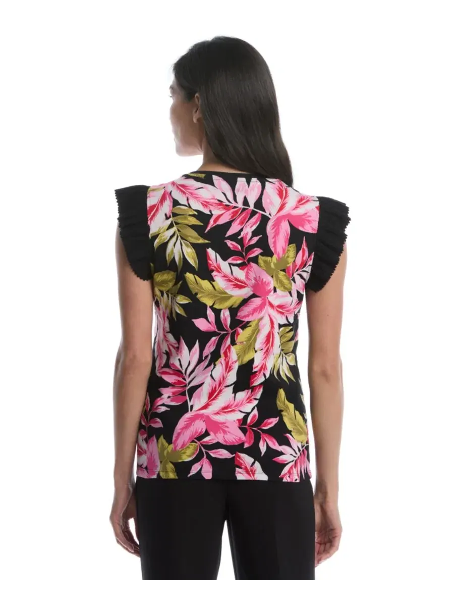 Топ с тропическим принтом и рукавом-фонарик Petite Tropical Print Ruffle Cap-Sleeve Top Rafaella — изображение 5 из 5, черный