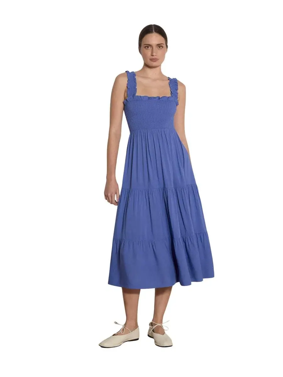 Платье миди без рукавов с рюшами Slub Smock Tiered Midi Square Neck Apricot — изображение 1 из 5, фиолетовый