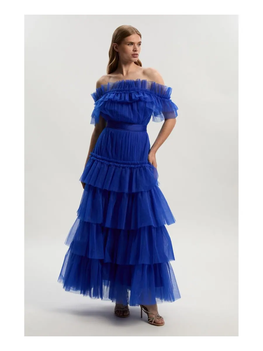 Женское длинное платье из тюля с открытыми плечами Karen Millen — изображение 1 из 8, синий